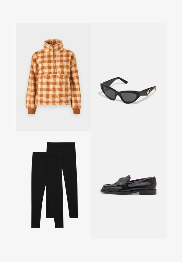 Pulover s karo uzorkom u smešnim i krem nijansama, izrađen od pahuljastog materijala, sa ovratnikom na pola sa zipom i rebrastim manžetama za udoban fit.; Crne tajice napravljene od rastezljivog materijala, s bešavnom elastikom i uskim krojem, prikladne za svakodnevno nošenje ili vježbanje.; Crni kožni loafers s ušivenim uzorkom, glatkom teksturom, detaljem zlatne kopče i zaobljenim vrhom, postavljeni na nisku crnu potplat.; Naočale u obliku mačjih očiju s okvirom od mat crne plastike, tamnim lećama i zlatnim logotipom na sljepočnici. Kutni dizajn i glatka tekstura.