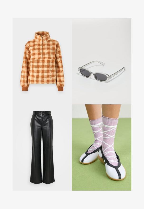 Rudas ir kreminis langeliais raštuotas džemperis, pagamintas iš purios medžiagos, su pusiau užtraukiama apykakle ir guma rankovių galuose, užtikrinančia patogų prigludimą.; ONLY Tall ONLSMOOTH WIDE - Kelnės - black; Balti plokšti batai su juodu apvadu ir padu, derinami su šviesiai violetinėmis raukšlėtomis kojinėmis, turinčiomis baltomis kryžminėmis juostelėmis. Nustatyti žaliame fone.; Akiniai nuo saulės ovalo formos, su skaidriu plastiko rėmu, tamsiai pilkais objektyvais ir plonomis skaidriomis šakėmis, dekoruotais logotipų akcentais ir minimaliais detalėmis.; Aukso auskarai su lygiu, blizgiu paviršiumi. Apvalus dizainas su maža užrakto dalimi ir skaidria atrama saugiam nešiojimui.