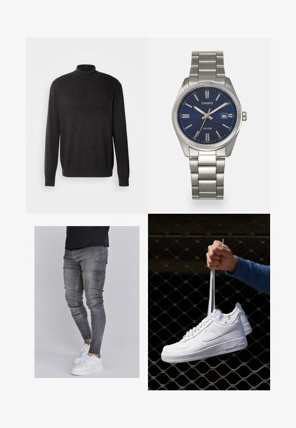 Mørkegrå turtleneck sweater lavet af et blødt, struktureret stof; har lange ærmer og en tætsiddende silhuet med ribbet krave og kant.; Slank jeans i falmet grå denim med slidte detaljer ved knæene, parret med hvide sneakers. Glat tekstur, slim fit design.; Hvide lædersneakers med perforeringer, rund tå, flad sål og tykke snørebånd, med et synligt swoosh-logo og "AIR" på hælen.; Sølv rustfrit stål urrem med en marineblå urskive, metallic timemarkører og et datovindue kl. 3. Vandafvisende op til 50 meter.