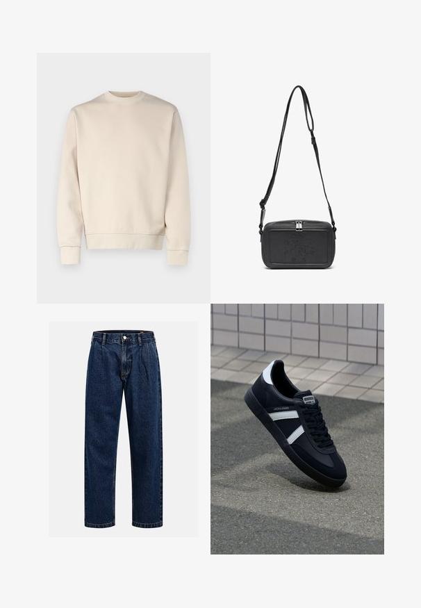 Béžová mikina s voľným strihom, s okrúhlym výstrihom, dlhými rukávmi, rebrovanými manžetami a lemom. Hladká textúra s minimálnou výzdobou.; Tmavo modré džínsy s rovnými nohavicami. Obsahujú viditeľné švy, zapínanie na gombík a predné skladanie pre zvýraznenie detailov.; Čierne kožené tenisky s bielymi pruhmi, textúrovanou gumovou podrážkou a šnurovaním vpredu. Obsahujú označenie značky na jazyku.; Čierna kožená crossbody taška so zipsom, s embosovaným logom na prednej strane a nastaviteľným popruhom. Hladká textura a obdlžníkový tvar.