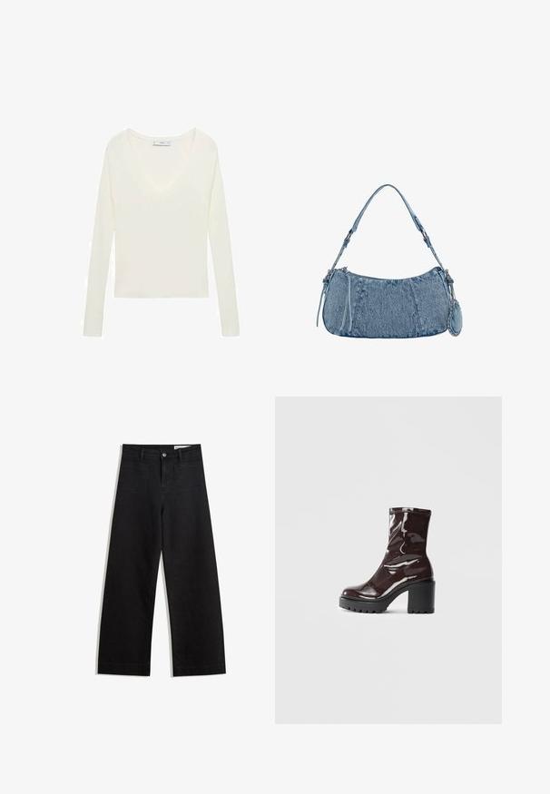 Bijela bluzica dugih rukava s dubokim V-izrezom, rebrastom teksturom na ramenima i prilagođenim dizajnom. Oznaka vidljiva na izrezu.; Crne široke traperice s visokim strukom, s prednjim i stražnjim džepovima, šivenim šavovima i kopčanjem na gumb. Glatka tekstura.; Sjajna burgundska čizma do gležnja s debelim crnim potplatom, koja se odlikuje glatkom teksturom i jednostavnim dizajnom. Nema vidljivih kopčanja ili uzoraka.; Denimska torba s zakrivljenim oblikom, svijetloplave boje, podesivim remenom za rame i malim odvojivim džepom s metalnim akcentima.