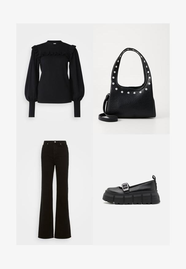 Svart stickad tröja med rund halsringning, volanger på bodyn och fylliga ärmar med tighta cuffar.; Höga svarta utsvängda jeans i denim, med knappstängning, sidfickor och en slät yta.; Svarta plattformsskinnskor med rund tå, slät läderöversida, justerbar spänne och strukturerad gummisula med horisontella ränder.; Svart strukturerad läderväska med silverfärgade nitar längs den övre kanten och handtagen, med ett kort handtag och ett avtagbart band.