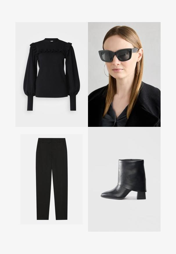 Svart strikkegenser med rund hals, rynkede detaljer på livstykket, og romslige ermer med tettsittende mansjetter.; Sorte bukser med skreddersydd design, med sidelommer og rett ben. Laget av glatt, lett stoff med en elegant finish.; Sorte lær ankle boot med spiss tå, glatt tekstur og en strukturert blokkhæl. Har et høyt, brettet mansjett-design.; Sorte katteøyne solbriller med mørke linser, tykke rammer og subtile detaljer. Båret med en svart frakk og grå topp, med langt, rett hår.