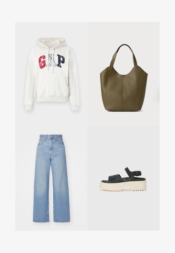 Krems krūze ar kangaroo kabatu. Novit "GAP" logotipu sarkanbaltsinās toņos. Kokvilnas materiāls, kapuces ar aukliņu.; Gaiši zili augstās jostas vidukļa platās bikses ar priekšējo pogu un rāvējslēdzēju, priekšējām un aizmugurējām kabatām uz baltā fona.; Melnas zamšādas platformas sandales ar masīvu baltu zoli, plašu priekšējo siksnu un regulējamu potītes sprādzi. Rievojuma zole labākai saķerei.; Olīvu zaļš ādas somiņas tote ar divām siksnām, gluda tekstūra un četru paneļu dizains. Pastiprinātas šuves gar šuvēm ilgstošai izmantošanai.