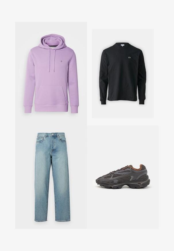 GANT REG SHIELD - Kapucnis pulóver - orchid lilac; Fekete hosszú ujjú pamut póló, kerek nyakkivágással, bal mellen egy kis zöld hímzett krokodil logóval.; Világoskék farmernadrág laza szabással, egyenes lábakkal, öt zsebes dizájnnal és gombos derékkal. Minimalista varrási részletek.; Sötét szürke Lacoste sportcipők hálós és szintetikus anyagból, textúrázott talppal és barna díszítésekkel a nyak részen és a logón.