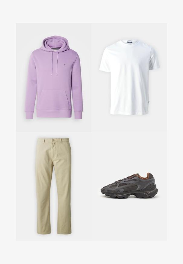 GANT SHIELD HOODIE - Hoodie - orchid lilac; White cotton crewneck T-shirt with short sleeves, featuring a subtle embossed "Joop!" logo on the chest and a straight hem.; Beige cotton trousers with a straight-leg design, front button closure, and belt loops. Smooth texture, no visible patterns or accents.; Lacoste sneakers in dark gray with mesh and synthetic material, featuring a textured sole and brown accents on the collar and branding.