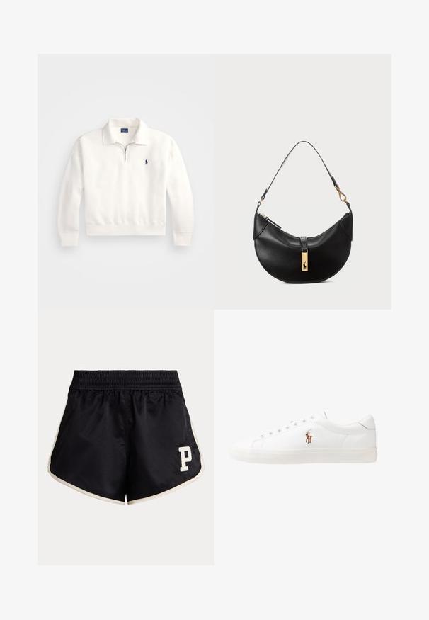 Pulover alb cu fermoar, guler și tiv ondulat. Are un mic logo bleumarin pe pieptul stâng, realizat dintr-un material moale.; Shorts atletici negri cu un talie elastică, dungi bej pe laterale și un logo cu litera "P" de culoare crem pe coapsa stângă.; Adidași din piele albă, design de tip low-top, cu o textură netedă, vârf rotund, față șiretată și un mic logo brodat pe lateral.; Geantă de piele neagră în formă de jumătate de lună. Dispune de un accent din metal auriu și o curea îngustă. Textură netedă, închidere cu fermoar în partea de sus.