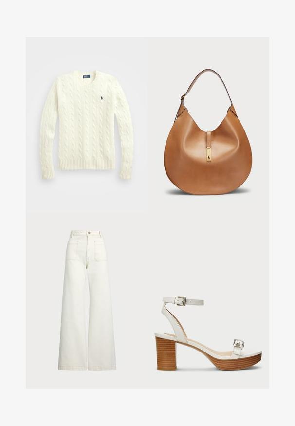 Polo Ralph Lauren CABLE KNIT WOOL CASHMERE JUMPER - Neule - authentic cream; Reisitaskuhousut vaaleanvalkoisesta denimestä. Korkea vyötärö, napitus, kaksi etutaskua ja kontrastiväriset ompeleet.; Valkoinen nahkasaapas, jossa on nilkkaremmi ja hopeinen solki. Varustettu kerroksellisella puukorkokengällä ja sileällä lautanauhalla.; Tan nahkalaukku, jossa on kaareva muoto ja leveä olkahihna. Keskellä on kultainen metallikoriste ja pinta on sileä.