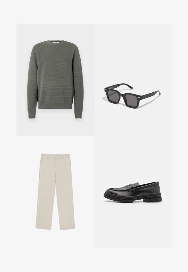 Zielony sweter w prążki z okrągłym dekoltem, teksturowanym materiałem, długimi rękawami oraz prążkowanymi mankietami i dołem. Prosty, prosty krój.; Beżowe spodnie o szerokich nogawkach z gładką teksturą, z paskami do pasa, dwiema przednimi kieszeniami i zapięciem na zamek błyskawiczny. Minimalistyczny design.; Czarne skórzane mokasyny o gładkim wykończeniu, z paskiem na przodzie i masywną gumową podeszwą z rowkowaniem.; Czarne prostokątne okulary przeciwsłoneczne z ciemnymi soczewkami, charakteryzujące się grubą oprawką, subtelnymi akcentami po bokach i brakiem widocznych logo poza nazwą marki.; Metalowy zegarek kwarcowy z czarną tarczą, białymi cyframi i wyświetlaczem daty. Posiada stalową bransoletę i odporność na wodę do 100m.