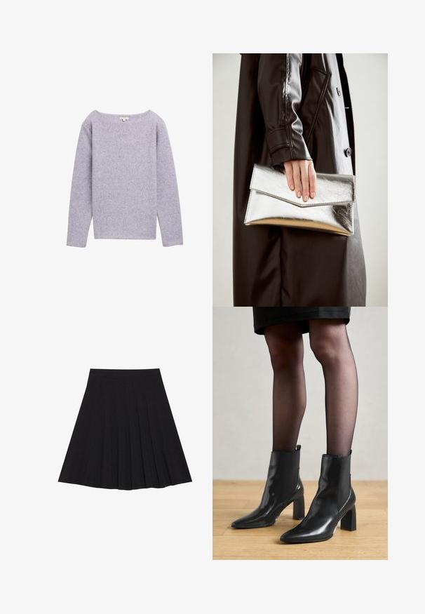 Maglione a maniche lunghe di colore viola chiaro con scollatura ampia, tessuto morbido e tessuto a coste. Presenta orlo dritto e design minimale.; Gonna nera plissettata realizzata in tessuto strutturato con una vita aderente. Cade all'altezza del ginocchio, presentando una silhouette liscia e pulita.; Stivaletti neri in pelle con punta affusolata, tacco quadrato imponente e design elegante. Dotati di pannelli laterali elasticizzati per una facile vestibilità.; Clutch metallico argento con un design a busta angolare, texture liscia e colore interno a contrasto, tenuto in mano da una persona che indossa un cappotto nero.