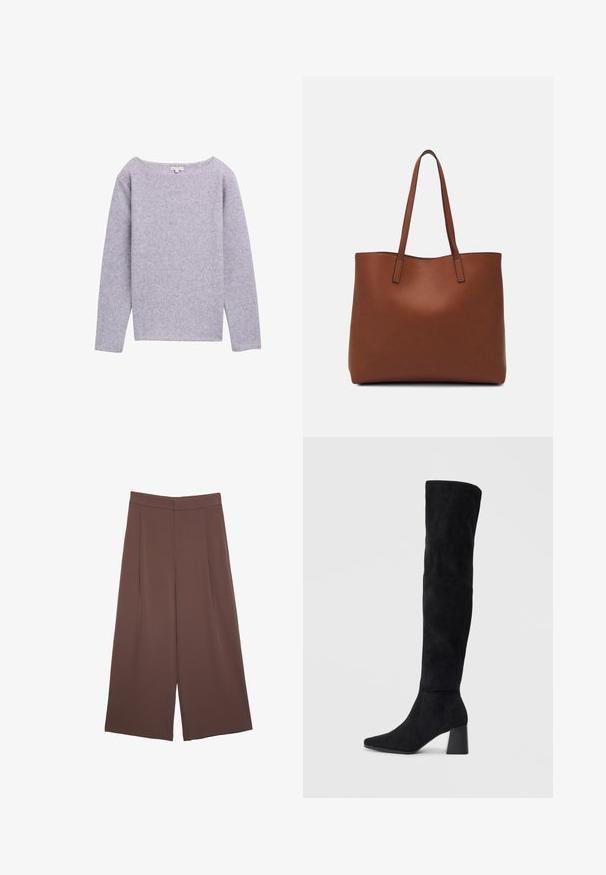 Helllila langärmliger Pullover mit weitem Ausschnitt, weichem Material und geripptem Stoff. Verfügt über einen geraden Saum und ein minimales Design.; Braune Weite-Leg-Hosen mit einer glatten Textur, hoher Taille und Vorderfalten. Der Stoff ist leicht und fällt locker.; Schwarze Wildleder-Stiefel bis zum Knie mit Blockabsatz, spitzer Zehe und glattem, nahtlosem Design auf einem schlichten, hellen Hintergrund.; Braune Leder-Tote mit glatter Textur, offenem Oberteil und zwei Schulterriemen. Verfügt über minimale Nähte und keine sichtbaren Beschläge.