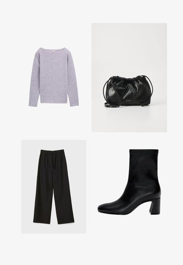 Light purple long-sleeve sweater with a wide neckline, soft texture, and ribbed fabric. Features straight-cut hem and minimal design.; Black wide-leg pants with elastic waistband, displayed flat on a light background.; Black ankle boot made of smooth leather. Features a square toe, elasticated top, and a chunky heel for stability. Minimalist design.; Black leather handbag with gathered design, dual drawstring closure, and detachable shoulder strap. Features metallic logo detail.