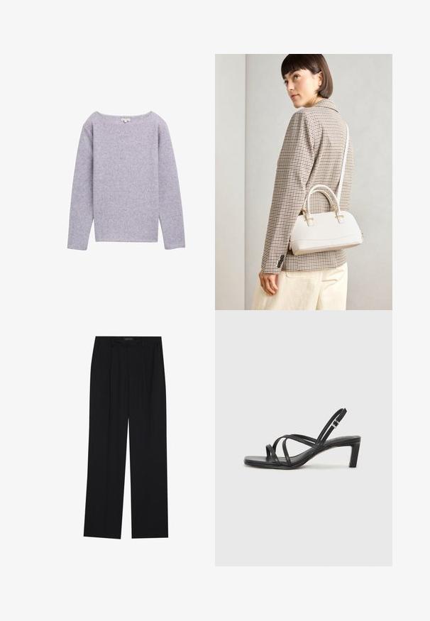 Helllila langärmliger Pullover mit weitem Ausschnitt, weichem Material und geripptem Stoff. Verfügt über einen geraden Saum und ein minimales Design.; Schwarze Hose mit geradem Bein, ausgestattet mit zwei frontalen Taschen und einem Taillenbund. Hergestellt aus einem glatten, leichten Stoff.; Schwarze Sandale mit Riemchen, quadratischer Zehenform und niedrigem Blockabsatz. Verfügt über mehrere dünne Riemen und einen verstellbaren Knöchelriemen. Hergestellt aus glattem Leder.; Weiße strukturierte Handtasche mit kurzen Griffen und einem Schultergurt, ausgestattet mit goldfarbenen Hardware-Elementen und strukturiertem Material, vor einem grauen Hintergrund präsentiert.