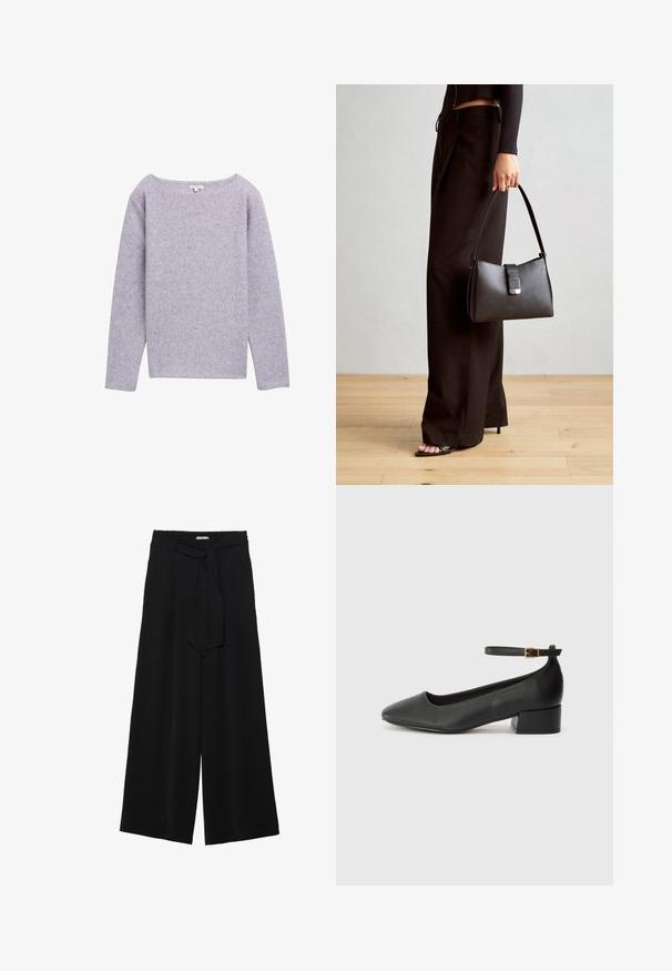 Lichtpaarse lange mouwen trui met een brede halslijn, zachte textuur en ribbelstof. Beschikt over een recht gesneden zoom en een minimaal ontwerp.; Zwarte wijde broek van textuurstof, met een elastische tailleband en een afneembare sjaalstrik in de taille voor een verstelbare pasvorm.; Zwarte leren pump met een spitse neus en een lage blokhak. Beschikt over een enkelband met een goudkleurige gespsluiting. Gladde textuur.; Zwarte handtas met gestructureerde vorm, gladde textuur en een metalen sluiting. Gecombineerd met brede zwarte broeken en sandalen met open teen op een houten vloer.