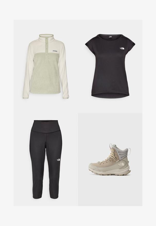 Columbia BENTON SPRINGS™ 1/2 SNAP - Flisinis džemperis - dark stone/safari; The North Face TANKEN TANK - Sportiniai marškinėliai trumpomis rankovėmis - black; Juodos capri tipo leggingai, pagaminti iš tamprios medžiagos, su aukštu juosmeniu ir mažu baltu logotipu kairėje pusėje. Lygi tekstūra.; Bežiniai ir pilki aukšti žygio batai su paminkštintu kulkšnių apvadu, tvirtu padu ir "The North Face" logotipu šone.