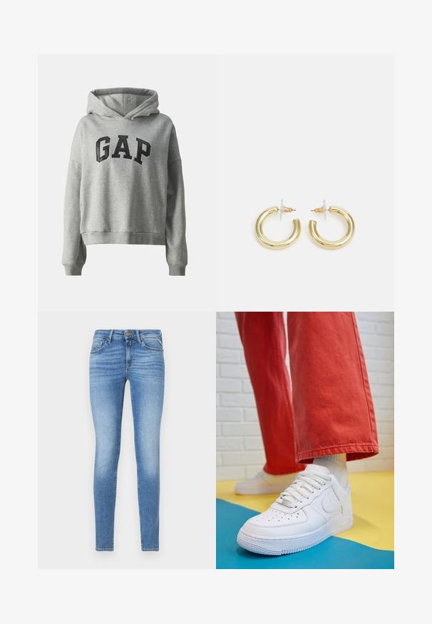 GAP Ikdienas džemperis - light heather grey; Šauri gaismis zili džinsi ar vidēju jostas augstumu, priekšējo pogu un piecu kabatu dizainu.; Baltās ādas kedas ar perforētu purngalu, teksturētu zoli un baltām auklām, apvienotas ar platām sarkanām biksēm un zilu un dzeltenu fona.; Zelta auskari ar gludu, spīdīgu apdari. Apaļš dizains, kas ietver mazu tapu un caurspīdīgu pamatni drošai valkāšanai.