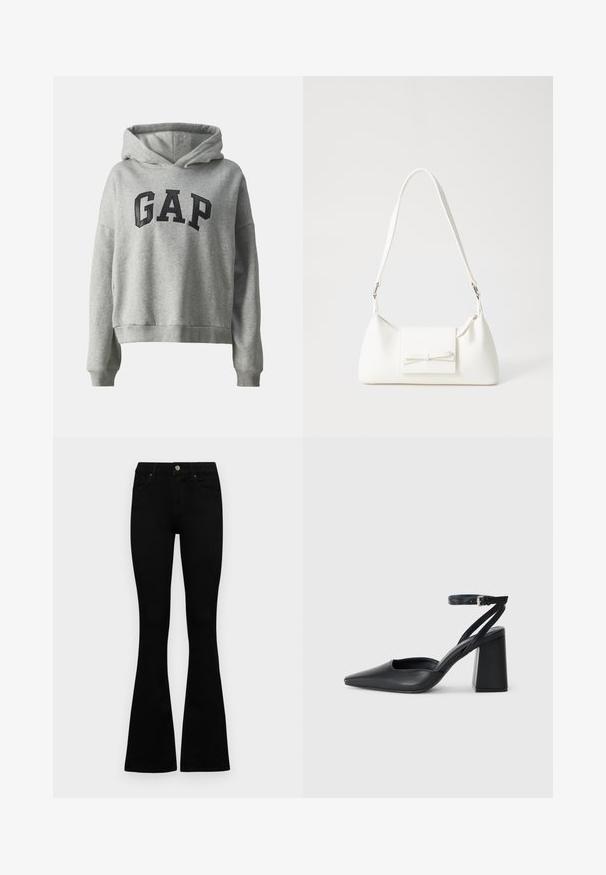 GAP Pusa - light heather grey; Mustad kõrge vöökohtadega teksad, millel on nööp ja lukuga sulgemine, esikäe taskud ja laienevad sääred, asetatud tasasele valgele taustale.; Mustmustest must-käigukingad, millel on konksuga nöör ja paks konts. Ühtlane tekstuur, stiilne disain ja minimalistlik esteetika.; Valge sünteetilisest materjalist kott kolmnurkse kujuga, lame esiklapiga ja kaaredetailiga, reguleeritava rihmaga, sileda tekstuuriga ja minimalistliku disainiga.