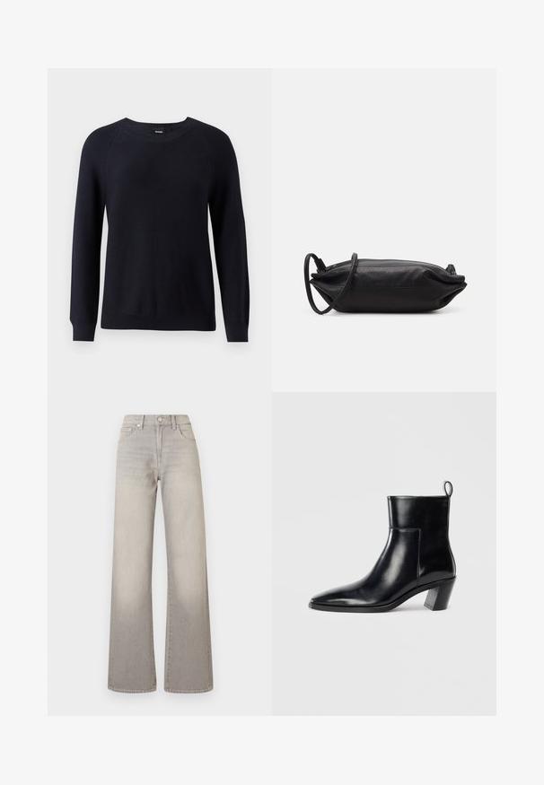 Marineblå strikkegenser med rund hals, lange ermer og ribbestrikkede mansjetter og nederkant. Strukturert mønster over hele stoffet.; Grå vide ben jeans med en falmet finish, knaplukning, fem-lomme design og stikninger langs sømmen.; Sorte skinn ankle boots med spiss tå, geometrisk stablet hæl og en drasnor bak. Glatt tekstur og elegant design.; Svart lær clutchveske med rektangulær form, glatt tekstur, tynn skulderstropp og minimalistisk design.