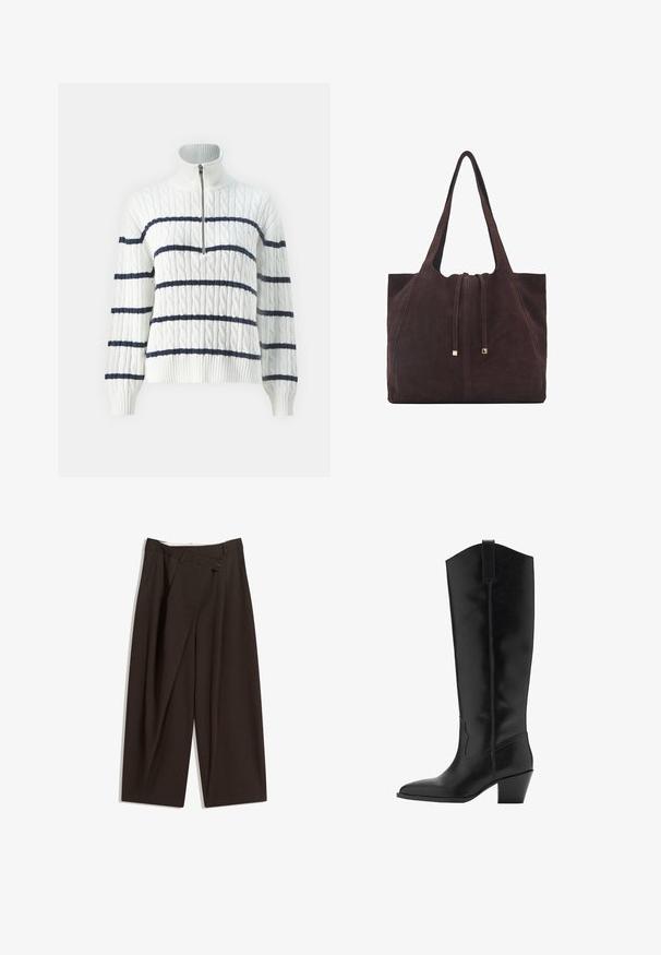 Hollister Co. HALF ZIP - Jumper - cloud dancer/navy; Dark brown wide-leg trousers with a high waist, featuring a single button closure and a pleated front. Made from lightweight fabric.; Tall, black leather boots with a square toe and a mid-height heel. Features stitching details and a side pull tab for ease of wear.; Mango Tote bag - dark brown