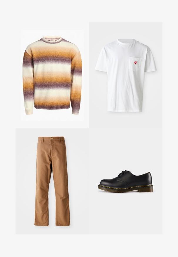 Redefined Rebel JOSEPH BOXY FIT - Pulover - caramel cafe; Tricou alb din bumbac, cu guler rotund și mâneci scurte. Prezintă un mic logo în formă de inimă roșie pe buzunarul din stânga pieptului.; Pantaloni drepți maro, cu bucle pentru curea, buzunare frontale, închidere cu nasture și fermoar, pe un fundal alb.; Pantof de piele neagră cu vârful rotunjit, design cu șireturi, cusătură galbenă de-a lungul tălpii și o talpă din cauciuc texturat, masivă.