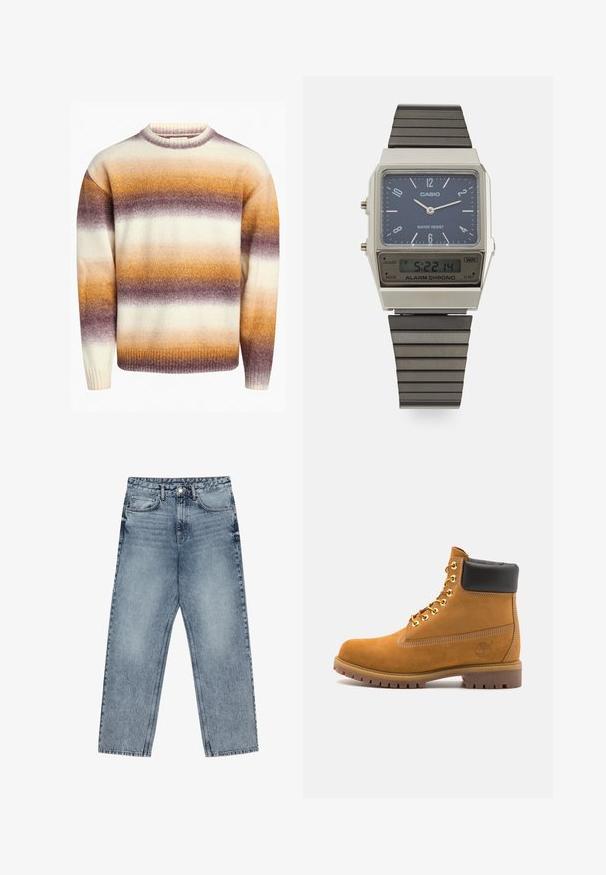 Redefined Rebel JOSEPH BOXY FIT - Svetrík - caramel cafe; Svetlomodré džíny s rovnými nohavicami, viditeľným prešívaním, dizajnom s piatimi vreckami a zapínaním na gombík v oblasti pása.; Tyrkysové semišové členkové topánky s čiernym polstrovaným golierom, zlatými kovovými očkami, bielym prešívaním a robustnou gumovou podrážkou s výraznými drážkami.; Digitálny hodinky Casio s modrým ciferníkom, strieborným púzdrom a vrstvovou čiernou gumovou remienkom. Zobrazuje čas a nastavenia budíka. Odolné voči vode.