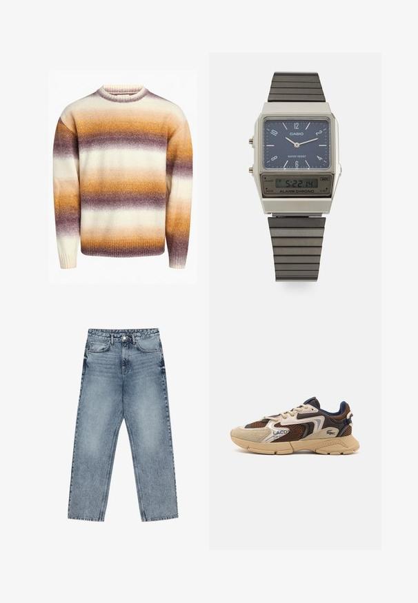 Redefined Rebel JOSEPH BOXY FIT - Jumper - caramel cafe; Light blue denim jeans with a straight leg cut, visible stitching, five pocket design, and a button closure at the waist.; Beige and brown sneaker with textured mesh panels, suede accents, and a rubber sole. Features lace-up design and branded detailing.; Casio digital watch with a blue dial, silver case, and layered black rubber strap. Displays time and alarm settings. Water resistant.