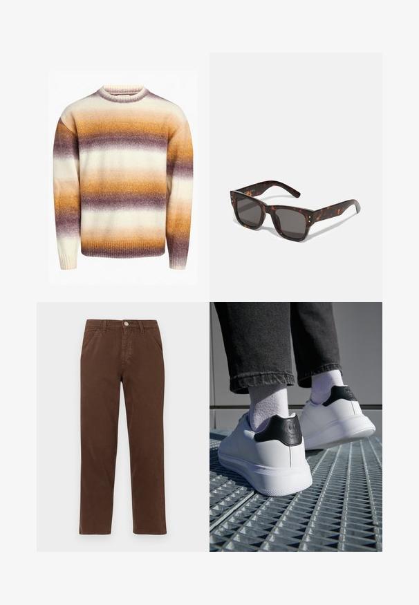 Redefined Rebel JOSEPH BOXY FIT - Camisola - caramel cafe; Calças de algodão castanhas com perna reta, bolsos frontais e fecho de botão metálico. Apresentam uma textura suave e um design minimalista.; Ténis brancos com aba do calcanhar preta apresentando um design de rosto sorridente, feito de material em couro suave, sola de borracha plana e detalhes texturizados.; Óculos de sol em tartaruga com lentes escuras, armação quadrada e tachas prateadas na parte da frente. Feitos de plástico, leves e duráveis.