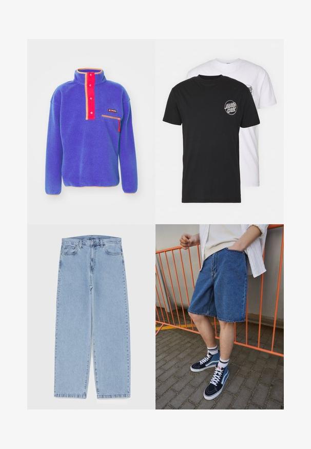 Columbia HELVETIA HALF SNAP - Felpa in pile - clematis blue; Confezione di due t-shirt: una nera e una bianca. Entrambe hanno maniche corte e un logo circolare sul petto in un colore a contrasto. Materiale in cotone.; Jeans in denim azzurro chiaro con design a gamba dritta, caratterizzati da una vita media, cinque tasche e chiusura con bottone e zip.; Shorts di jeans blu, lunghezza ginocchio con una tasca frontale. Abbinati a sneaker alte navy e blu, con lacci bianchi e calze a righe.