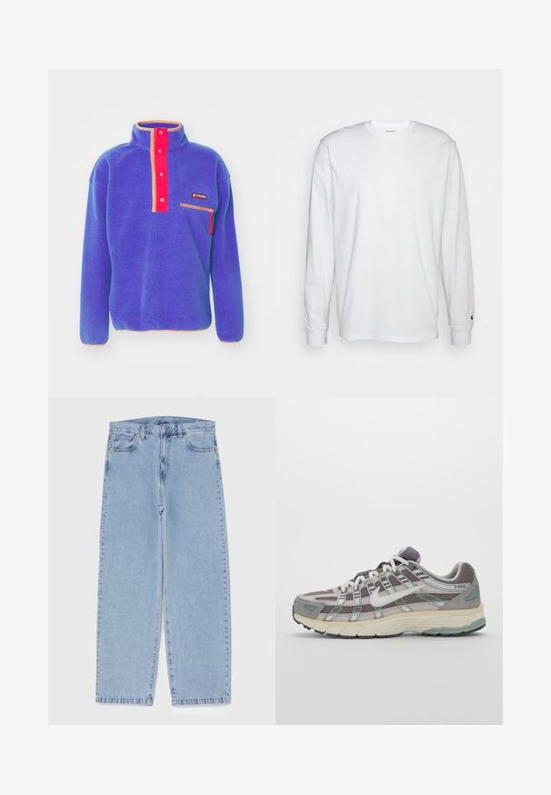 Columbia HELVETIA HALF SNAP - Fleecetröja - clematis blue; Vit långärmad T-shirt i bomull. Rundhalsdesign med ribbad mudd och en liten logotyp på vänster ärm. Slät textur.; Ljusblå denimjeans med rak bendesign, midjehög midja, fem fickor samt knapp- och dragkedjestängning.; Grå atletiska sko med en överdel av mesh och mocka, vita accenter, en vadderad sula och en unik design med reflekterande element.
