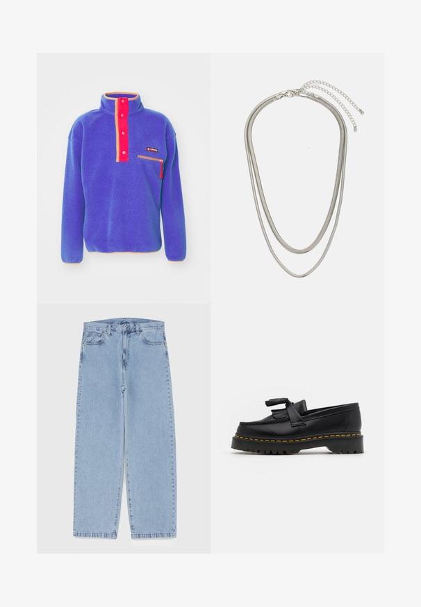 Columbia HELVETIA HALF SNAP  - Flīsa džemperis - clematis blue; Gai zila džinsu bikses ar taisnu kāju dizainu, kas piedāvā vidēju vidukļa augstumu, piecas kabatas un pogas un rāvējslēdzēja aizdari.; Melnas ādas mokasīni ar pērlītēm uzsvaru, ar masīvu melnu zoli un dzeltenu šuvumu gar malu. Ar teksturētu apdari.; Trīslīmeņu sudraba metāla kaklarota ar gludām, elastīgām ķēdēm, kas spīd, droši piestiprināta ar omā uzgali un regulējamu ķēdi.