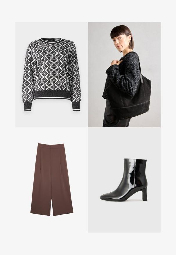 Maglione in bianco e nero con un intricato motivo floreale, scollo rotondo, polsini e fascia in costina, con un orlo a righe a contrasto.; Pantaloni ampi marroni con una texture liscia, caratterizzati da una vita alta e pieghe frontali. Il tessuto è leggero e scorre liberamente.; Stivaletto in pelle verniciata nera con punta a punta e tacco a blocco di altezza media. Texture liscia e design minimalista.; Borsa tote nera in suede con una texture liscia, forma strutturata e cuciture a contrasto. Presenta lunghe tracolle per il trasporto a spalla.