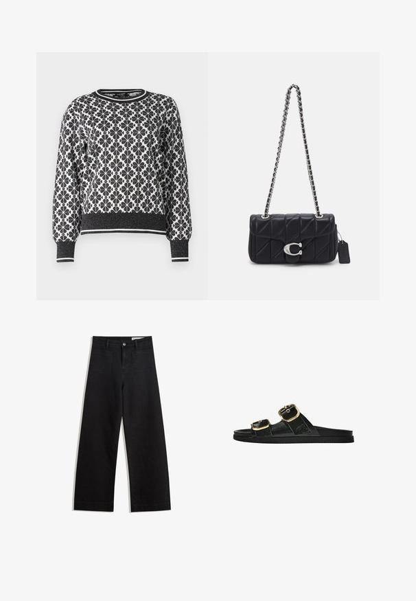 Svart och vit tröja med ett intrikat blommönster, rund halsringning, ribbade muddar och midja, samt en kontrasterande randig fåll.; Svarta vida denimbyxor med hög midja, med fram- och bakfickor, sydda sömmar och knappstängning. Slät textur.; Svart glidsandal med två guldfärgad spännen, slät textur av material, platt sula och en minimalistisk design.; COACH TABBY SHOULDER BAG 20 WITH PILLOW QUILTING - Axelremsväska - black