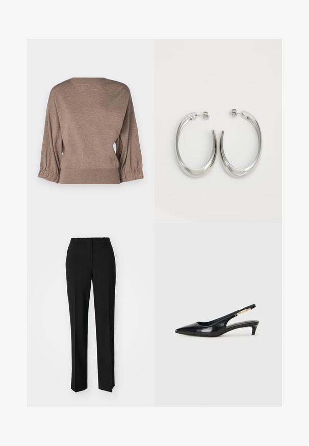 Repeat - Sweter; Czarne spodnie o dopasowanym kroju z prostymi nogawkami, o gładkiej fakturze i wyraźnych zagięciach z przodu. Bez widocznych elementów metalowych.; Czarne skórzane szpilki typu slingback z ostrym noskiem, posiadające smukły obcas i złoty akcent na regulowanym pasku. Gładka tekstura.; Srebrne kolczyki-hoop o gładkim, zakrzywionym designie. Posiadają błyszczące metaliczne wykończenie i zapięcie na sztyft. Brak widocznych wzorów lub akcentów.
