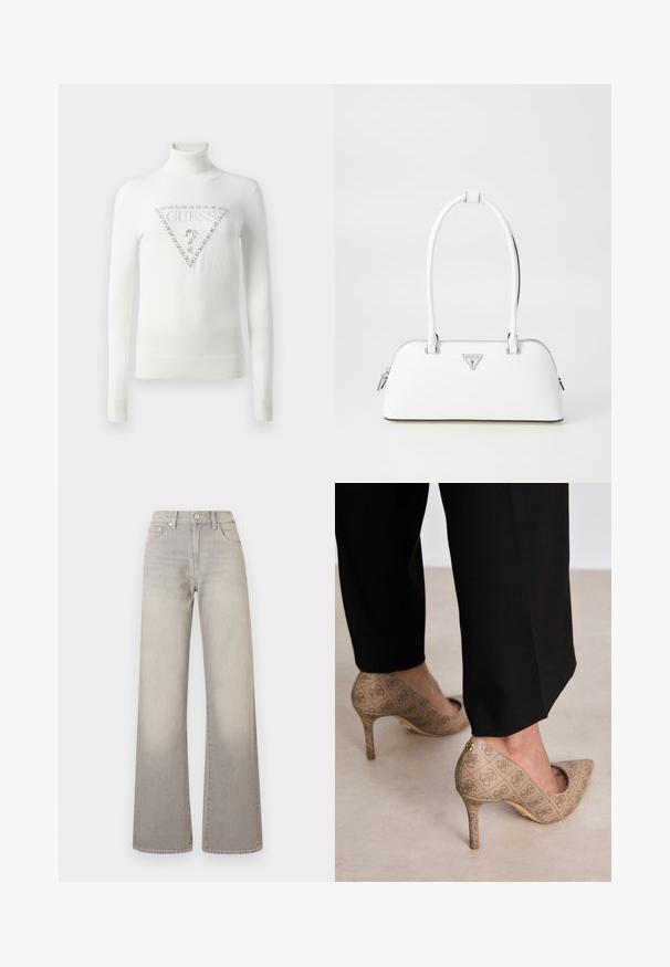 Biały sweter z golfem, z ribbowymi mankietami i dołem, ozdobiony kryształowym logo Guess w kształcie trójkąta z znakiem zapytania z przodu.; Szare dżinsy o szerokich nogawkach z wyblakłym wykończeniem, zapięcie na guzik, pięć kieszeni oraz przeszycia wzdłuż szwów.; Beżowe szpilki z teksturowanej tkaniny z powtarzającym się wzorem. Spiczasty krój z tylnym akcentem i złotym detalem na obcasie.; Biała skórzana torebka o zaokrąglonym kształcie, z srebrnym trójkątnym logo i zamkiem błyskawicznym. Gładka faktura i podwójne uchwyty.