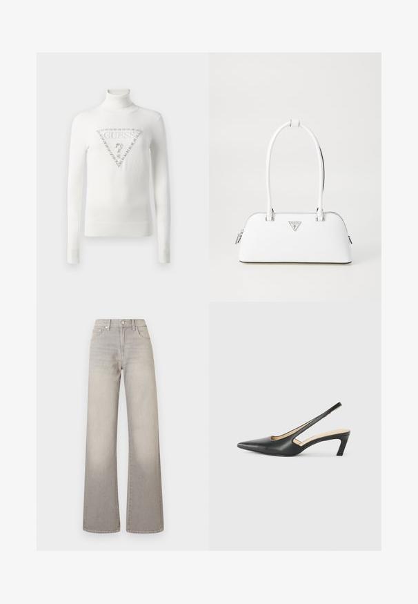 Witte coltrui met geribbelde manchetten en zoom, voorzien van een met kristallen versierde driehoekige Guess-logo met een vraagteken aan de voorkant.; Grijze wijde jeans met een vervaagde afwerking, knoopsluiting, vijfzakkenontwerp en gestikte details langs de naden.; Zwarte puntige slingback schoen met een lage hak, gemaakt van soepel leer en voorzien van een uitsnede aan de zijkant voor ventilatie.; Witte leren handtas met een gebogen vorm, voorzien van een zilveren driehoekig logo en ritssluiting. Gladde textuur en dubbele handvaten.