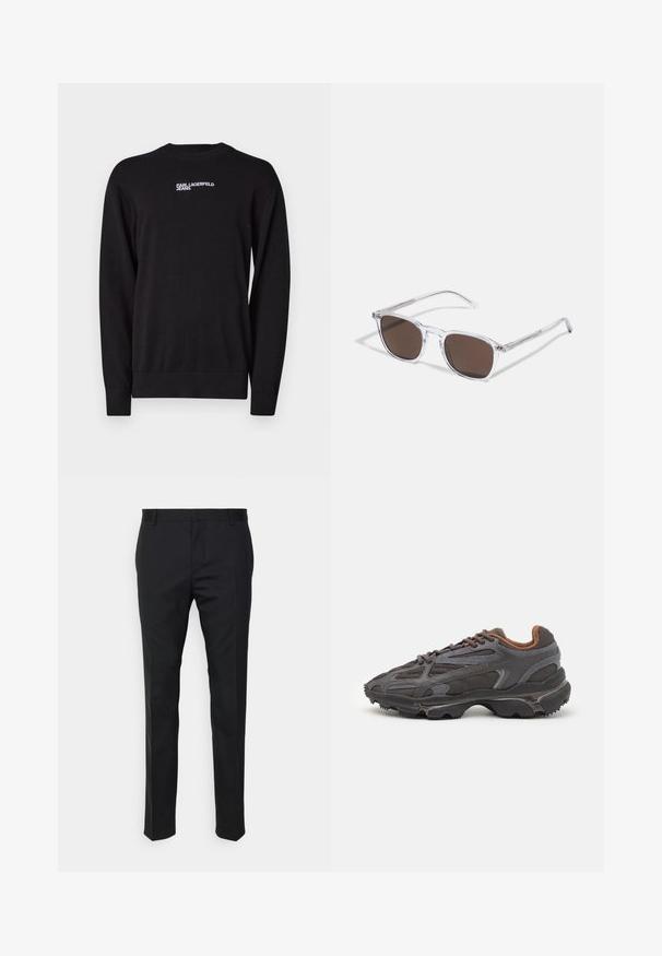 Fekete kötött pulóver, kerek nyakkal, bordás mandzsettákkal és aljjal, a felső részén fehér "KARL LAGERFELD JEANS" logóval.; Fekete, egyenes szabású, szabott nadrág sima anyagból. Övhurkokkal és redőzéssel a elülső részen.; Sötét szürke Lacoste sportcipők hálós és szintetikus anyagból, textúrázott talppal és barna díszítésekkel a nyak részen és a logón.; Átlátszó műanyag napszemüveg téglalap alakú barna lencsékkel, vékony, átlátszó karokkal és fém díszítésekkel a halántéknál.