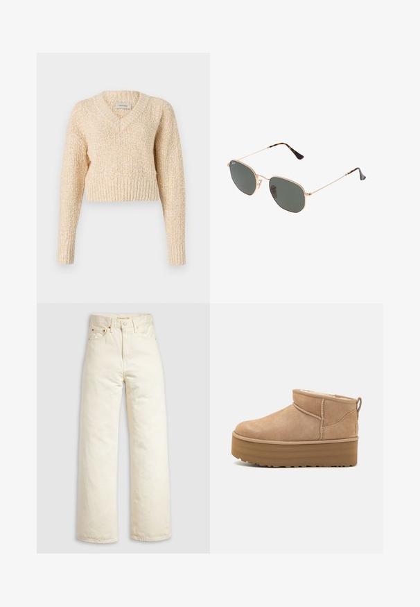 Beige v-paita, joka on valmistettu teksturoidusta neuloksesta, jossa on pitkät hihat ja ribbireuna, lyhyt malli ja hienovarainen kuvio.; Off-white-väriset leveälahkeiset farkut, joissa on korkea vyötärö, kupariset niitit ja klassinen viiden taskun malli. Kankaan pinnassa on tekstuuria ja lahkeensuut ovat siististi viimeistellyt.; Beige mokasiinit nilkkakengät, joissa on pehmeä sisus, alustalla ja takana vetoluukku, joka helpottaa pukemista. Pintakuvioitu kumipohja.; Kultaa metallikehyksiset aurinkolasit tummanvihreillä linsseillä, pilottilaatuinen tyyli, jossa on kapeat varret ja kilpikonnakuosiset korostukset päissä.