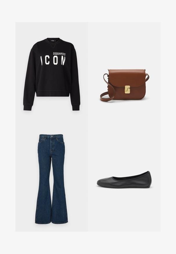 DSQUARED2 ICON COOL FIT CREWNECK - Mikina - black; Bílá tričko s krátkým rukávem vyrobené z žebrované tkaniny. Kulatý výstřih, normální střih a jemné detaily šití. Bez vzorů nebo grafik.; Tmavě modré rozšířené džíny vyrobené z denimu. Mají vysoký pas, pět kapes a kontrastní prošívání. Hladká textura a čisté zpracování.; Černé kožené baletní byty s kulatou špičkou, hladkou texturou, minimálními švy a flexibilním designem podrážky.; Hnědá kožená kabelka s klopou, zlatými kovovými detaily, ramenním popruhem a hladkým povrchem. Kompaktní obdélníkový tvar.