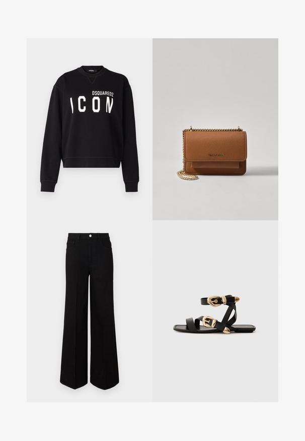 DSQUARED2 ICON COOL FIT CREWNECK - Sudadera - black; Pantalones de mezclilla negros de pierna ancha, hechos de una tela resistente, con una cintura alta, bolsillos frontales y un cierre de botón en la parte delantera. Dobladillo recto en la parte inferior.; Sandalias de cuero negro con acentos de hebillas doradas, que cuentan con múltiples correas y un diseño de suela plana para usar con los dedos al aire.; Bolso crossbody de cuero texturizado marrón con correa de cadena dorada y cierre de solapa. La parte frontal presenta un detalle de logo y un bolsillo debajo de la solapa.