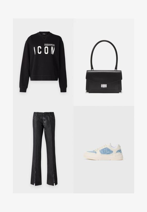 DSQUARED2 ICON COOL FIT CREWNECK - Felpa - black; Pantaloni neri svasati con finitura lucida, dotati di due tasche frontali e spacchi vicino all'orlo, realizzati in tessuto resistente.; Sneaker low-top con una toma di crema e dettagli in denim blu chiaro. Presentano pannelli testurizzati, lacci rotondi e una suola in gomma.; Borsa a tracolla in pelle nera con un design strutturato, manico superiore e chiusura in argento. Presenta accenti agli angoli e una texture liscia.