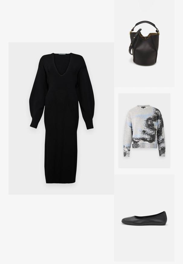 rag & bone ESTELLE CREW - Jumper - ivory; Black knitted dress with a deep V-neck, long voluminous sleeves, and textured pattern detailing on the bodice.; Black leather ballet flat with a rounded toe, smooth texture, minimal stitching detail, and a flexible sole design.; Black leather bucket bag with a textured finish, gold hardware accents, and an open top. Features a short handle and adjustable shoulder strap.