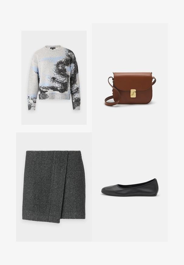 rag & bone ESTELLE CREW - Jumper - ivory; Gray herringbone-patterned skirt with a wrap design, featuring a textured fabric and a clean, straight hem.; Black leather ballet flat with a rounded toe, smooth texture, minimal stitching detail, and a flexible sole design.; Brown leather handbag with a flap closure, gold-tone hardware, a shoulder strap, and a smooth texture. Compact rectangular shape.