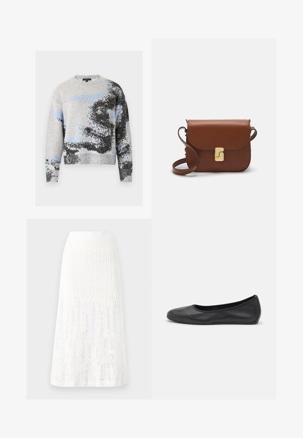 rag & bone ESTELLE CREW - Strickpullover - ivory; Gestreifte weiße Midi-Rock aus Strick mit einem strukturierten Muster und Ausschnitten am Saum. Elastischer Bund. Weiches Material.; Schwarze Leder-Ballettschuhe mit abgerundeter Spitze, glatter Textur, minimalen Nähdetails und einem flexiblen Sohlen-Design.; Braune Ledertasche mit Klappenverschluss, Beschlägen in Goldfarbe, einem Schultergurt und einer glatten Oberfläche. Kompakte rechteckige Form.