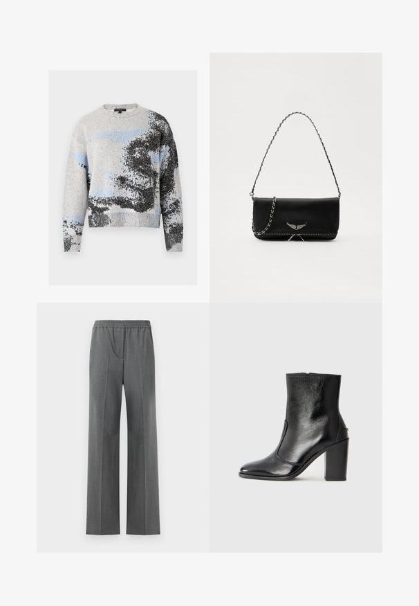 rag & bone ESTELLE CREW - Džemperis - ivory; Pilkos plačios kojos kelnės su elastinga juosmens juosta, pagamintos iš tekstūruotos medžiagos, turinčios subtilų pynimo raštą.; Juodas odinis kulkšninis batas su lygiu paviršiumi, smailiu pirštu ir masyviu aukštu kulnu. Savybė - šoninis atidarymas ir minimalistiškas dizainas.; Juodas odinis delninukas su sidabro spalvos grandinele, papuoštas dekoratyviniais sparnų akcentais ir balta siūle apačioje.