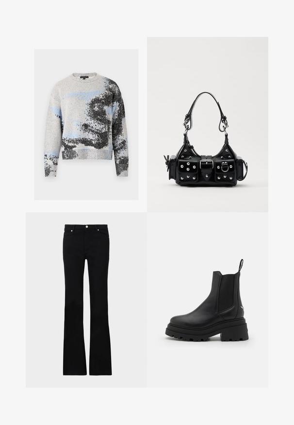 rag & bone ESTELLE CREW - Džemper - ivory; Mustad teksased, millel on flared lõige, kaks esi-taskut, nööbiga kinnitamine ja sile tekstuur. Tootemärgistus on nähtav õmblustes.; Mustad mustad tumed nahast Chelseas kingad, millel on elastsed külgpaneelid, paks ja sooniline kummitald ning tagaküljel tõmberaam.; Must värvi nahast käekott, millel on kaarjas disain, hõbedased nupukesed, kinnitusahe ja kaks külgtaskut. Reguleeritav rihm erinevate kandmisvõimaluste jaoks.
