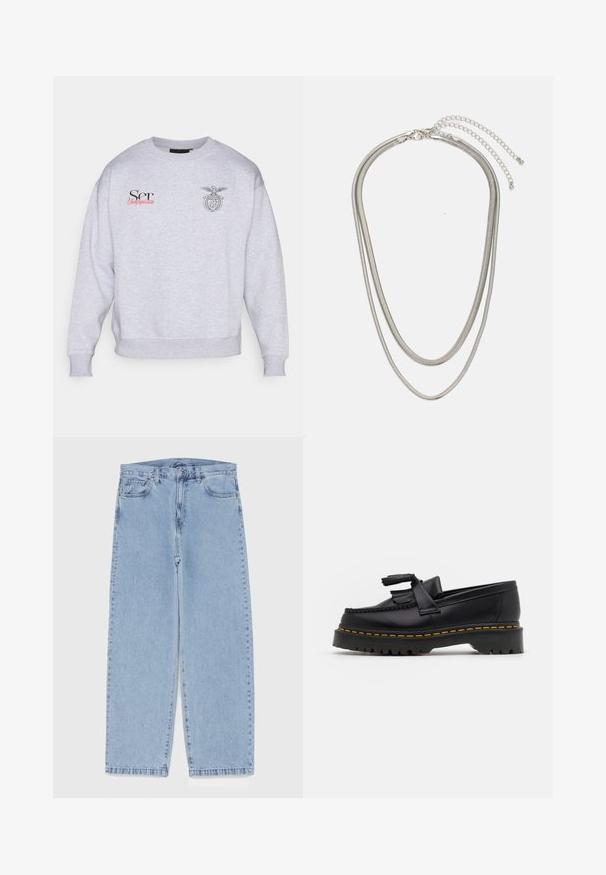 Szürke, pamutkeverék anyagú pulóver, kerek nyakkal, bordás mandzsettával és nyomtatott grafikával: "Ser" fekete és piros színben, címerrel.; Világoskék farmernadrág egyenes szárú kivitelben, közepes derékkal, öt zsebbel, gombos és cipzáros záródással.; Fekete bőr mokaszin, rojtos díszítéssel, masszív fekete talppal és sárga varrással az élén. Texturált felület.; Háromrétegű ezüstszínű fém nyaklánc, letisztult, rugalmas láncokkal, enyhe fényességgel, homárkapoccsal rögzítve és állítható lánccal.