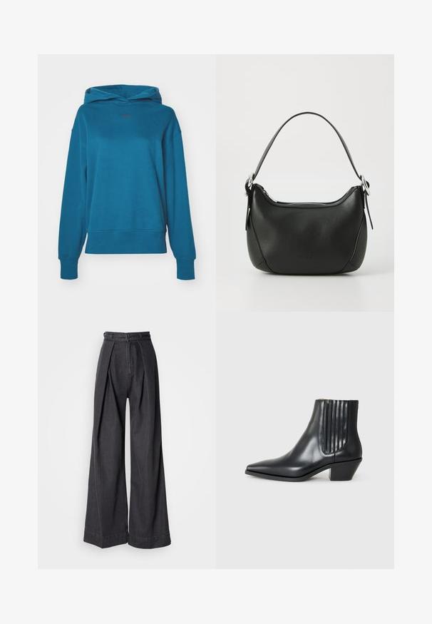 Τυρκουάζ φούτερ με χαλαρή εφαρμογή, διαθέτει κουκούλα με κορδόνι, ριμπ μανσέτες και ένα μικρό λογότυπο στο στήθος. Μαλακό βαμβακερό υλικό, λεία υφή.; Γκρι αμάνικο τοπ με ζιβάγκο, εφαρμοστό σχέδιο, ραβδωτή υφή, απαλό ύφασμα, διαθέτει ψηλό λαιμό και κομψές κοπές στους ώμους.; Φαρδύ μαύρο τζιν παντελόνι με ψηλή μέση, διαθέτει πιέτες μπροστά και κλασικό κλείσιμο με φερμουάρ. Απαλή, λεία υφή με καθαρό φινίρισμα.; Μαύρη δερμάτινη μέση μπότα με μυτερή μύτη, ελαστικές πλαϊνές πάνες με κατακόρυφες αυλακώσεις και χαμηλό τετράγωνο τακούνι. Λείο υφή και κομψός σχεδιασμός.; Μαύρη δερμάτινη τσάντα χειρός σε κυρτή μορφή, με ασημένιο φερμουάρ και κοντό χερούλι. Διαθέτει διακριτό λογότυπο εμπρός και λεία υφή.