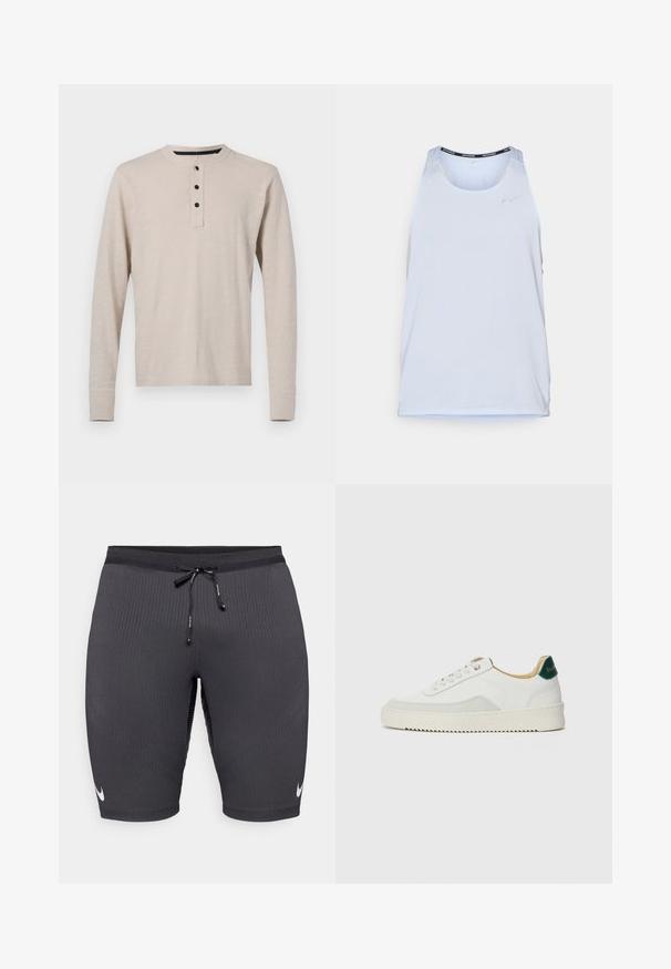 Long-sleeve henley shirt in light beige, made of soft fabric. Features a round neckline and three black buttons along the placket.; Light blue athletic tank top with a breathable, perforated fabric, featuring a round neckline and a black accent along the collar.; Black athletic shorts made of ribbed fabric, featuring a drawstring waistband and a small white Nike logo on the left side.; White sneaker with suede accents, rounded toe, flat laces, and a cream rubber sole. Features green branding on the heel.