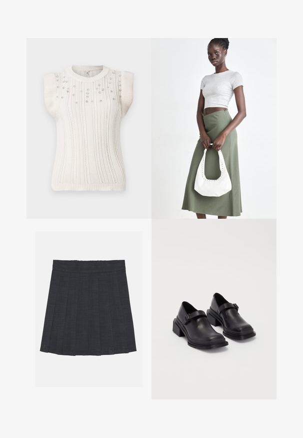 Ärmelloser Strickpullover in Off-White mit vertikalen Rippungen, akzentuiert durch kleine dekorative Perlen auf der Vorderseite, rundem Ausschnitt und enganliegendem Saum.; Dunkelgrauer, plissierter Rock mit elastischem Bund, aus einem strukturierten Stoff und in klassischer A-Linie. Geeignet für die Freizeit.; Schwarze Lederhalbschuhe mit runder Zehenpartie, flacher Sohle und einem Riemen mit Schnallen-Detail. Robuster Blockabsatz für zusätzliche Stabilität.; Grauer gerippter Croptop und olivgrüner Rock mit hoher Taille. Das Modell hält eine weiße Schultertasche mit Ausschnittdetails. Schlichte Gestaltung, taillierte Silhouette.