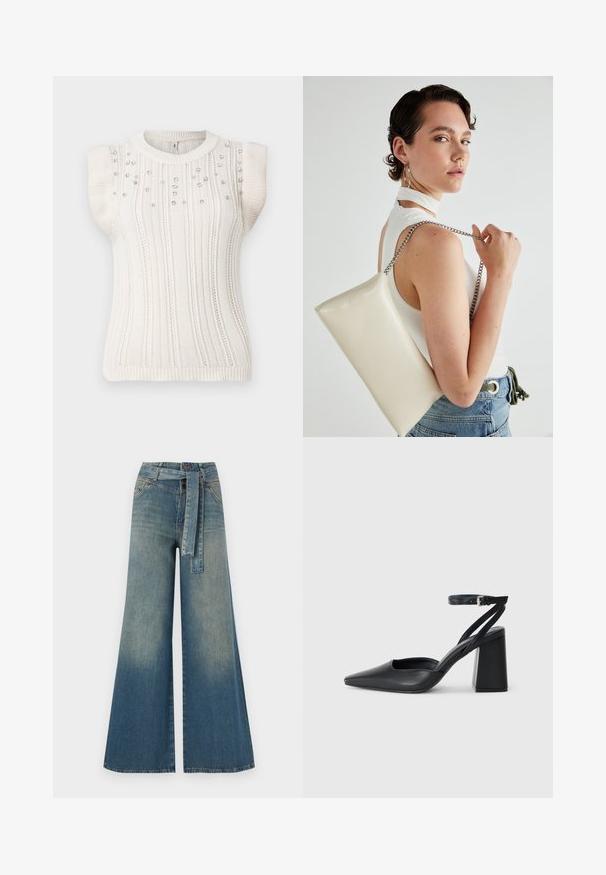 Skrócony bezrękawnik z dzianiny w kolorze ecru z pionowymi prążkami, ozdobiony małymi dekoracyjnymi koralikami z przodu, o okrągłym dekolcie i dopasowanym wykończeniu.; Szerokie spodnie dżinsowe z gradientem od jasnoniebieskiego do ciemnoniebieskiego, wysokim stanem, szlufkami na pasek oraz pasującym paskiem z tkaniny. Teksturowany wykończenie dżinsu.; Czarne skórzane czółenka z ostrym noskiem, z paskiem na kostce i grubym obcasem. Gładka faktura, elegancki design i minimalistyczna estetyka.; Biała prostokątna kopertówka wykonana z błyszczącego materiału, z srebrnym łańcuszkiem. Modelka pozuje, prezentując torebkę na jednolitym tle.